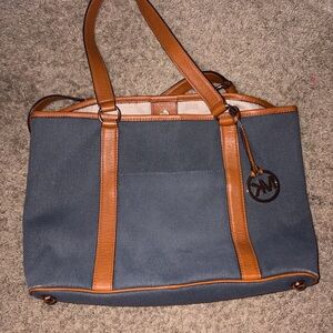 Michael Kors Navy and Brown Leather Trim Canvas Tote